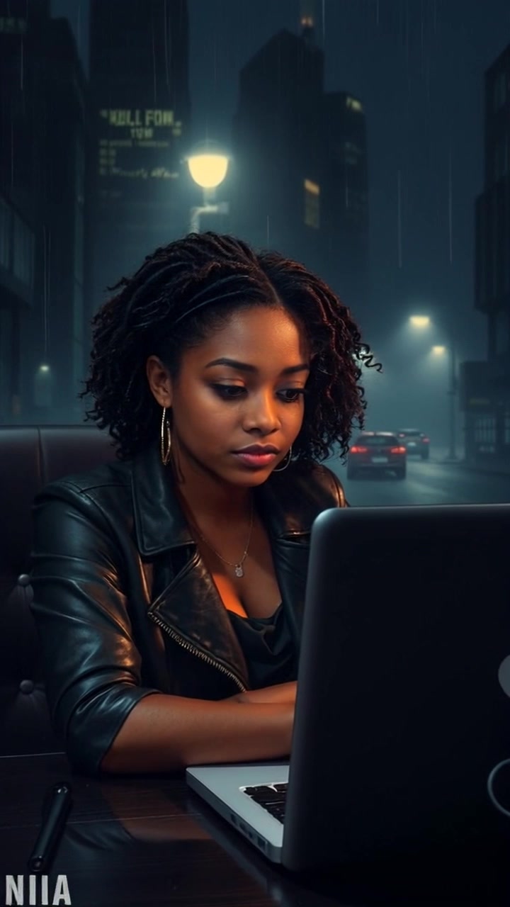 Subject: Nia sitting at her desk, deeply focused on the video recording playing on her laptop. Scene: A cozy home office space filled with soft lighting and personal touches like plants and artwork. Motion: The camera gently pushes in on Nia, creating an intimate focus on her expressions as she reacts to the content, with the soft glow of the laptop screen illuminating her face. Lighting: Warm ambient lighting creating a welcoming atmosphere.