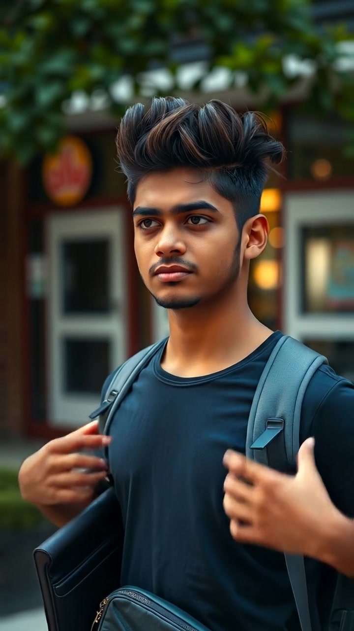 A photorealistic image of Arjun standing nervously in front of his college, holding a backpack. Natural lighting, high detail, soft shadows, and a slight breeze rustling his hair, with a welcoming campus background under an overcast sky. The audio features ambient campus sounds in the background.