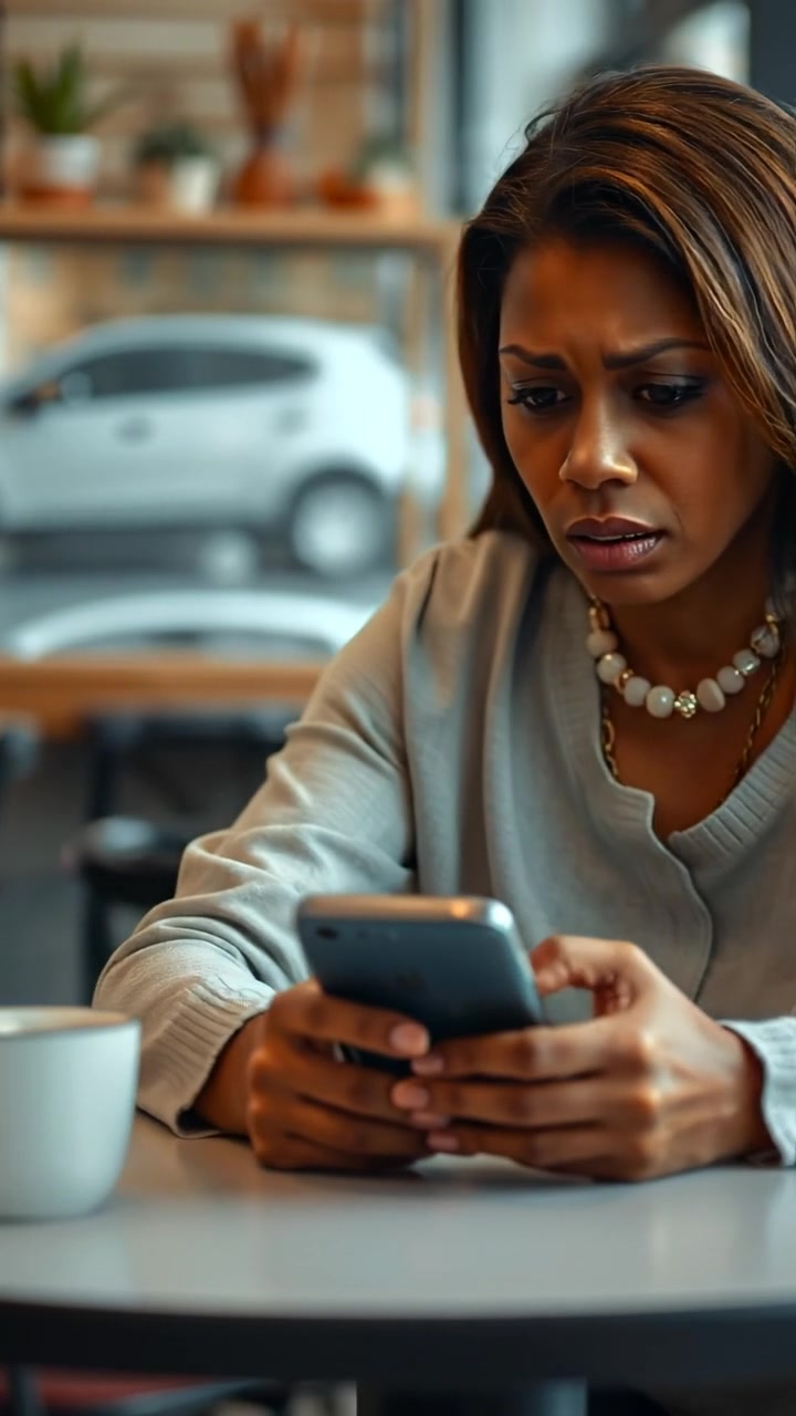 A photographic image of Monique sitting alone at a minimalist table, her face displaying a worried expression as she holds her phone tightly. Natural lighting highlights her anxious features, with a soft-focus background suggesting an indoor café setting. The scene features smooth camera movement, enhancing intimacy. The audio features gentle ambient city sounds.