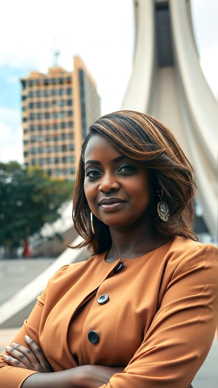 A photorealistic image of Monique with a determined expression, standing confidently in front of a Lagos landmark under natural lighting, captured with a smooth camera movement that emphasizes her presence and the vibrant city backdrop, with warm tones and soft shadows. The audio features ambient city sounds and distant chatter.