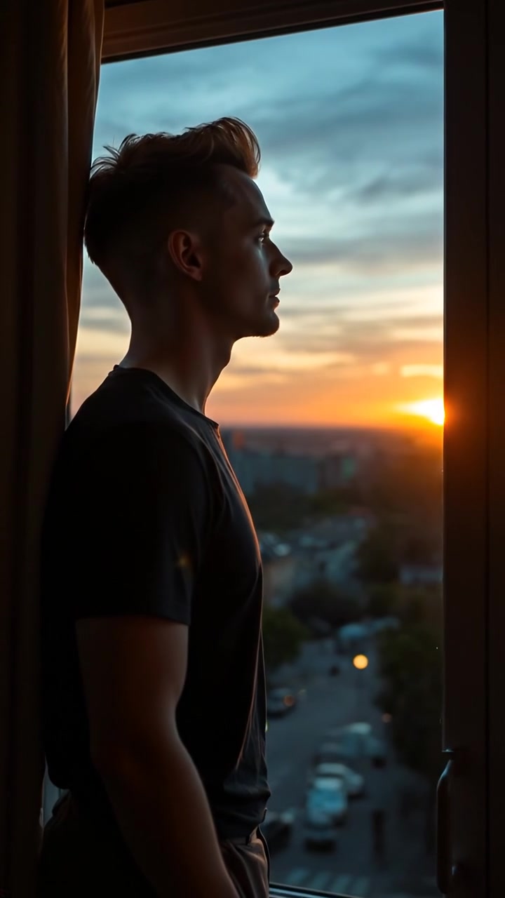 Photorealistic image of Ryan standing at a window, gazing thoughtfully at the sunset with warm glow lighting, soft shadows, and a calm, introspective mood. Use natural lighting with smooth camera pans to enhance the reflective atmosphere. The background features a serene landscape outside. The audio features gentle evening wind sounds.