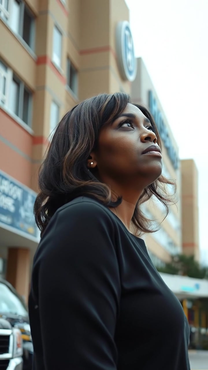 A photorealistic image of Monique standing outside a hospital, gazing up at the towering building with a contemplative expression, soft natural lighting, high detail, gentle camera tilt upwards, overcast sky creating subtle shadows, background audio features distant city sounds and ambient hospital noise.