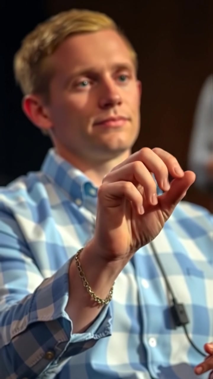 Close-up of Ryan's hand gesturing emphatically during a speech, captured in a photorealistic style with natural lighting and high detail. Smooth camera focus on hand, subtle background blur emphasizes expressive movement. The background features a softly lit auditorium. The audio features distant murmurs of an audience.