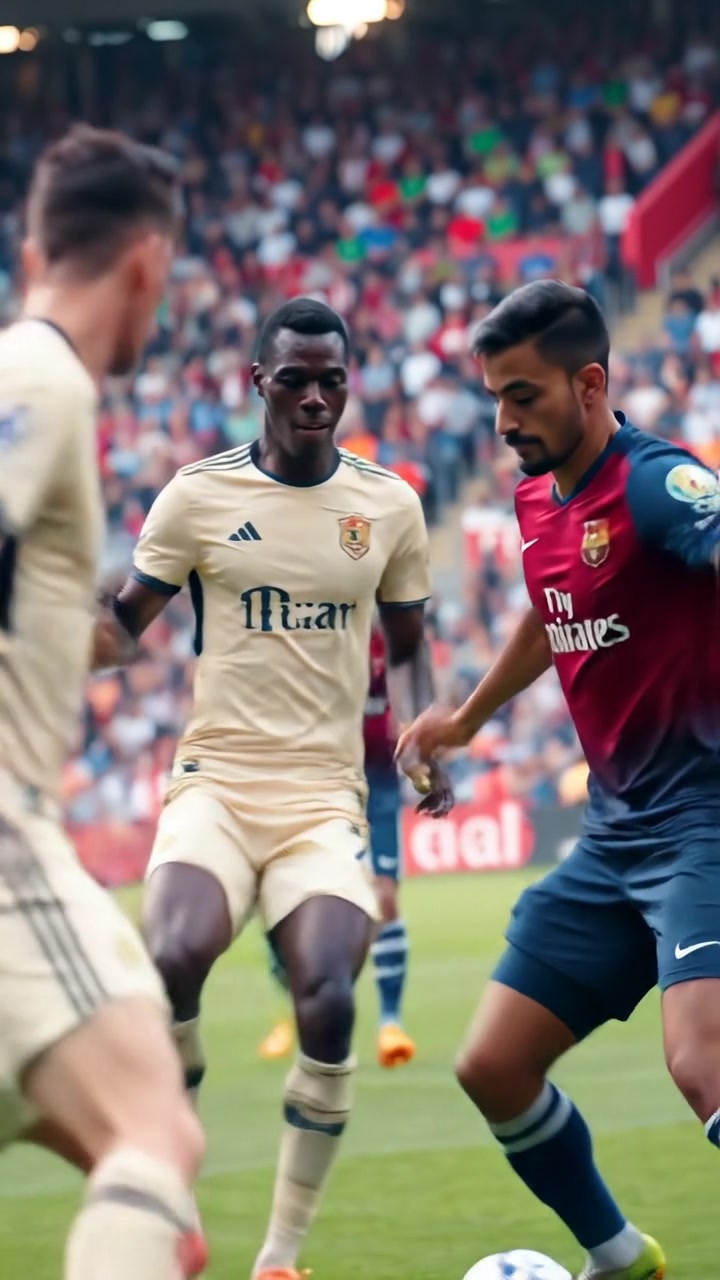 A photorealistic scene of Amir dribbling a soccer ball in midfield, surrounded by defenders with a packed stadium crowd in the background. Natural lighting highlights intense motion, with a smooth camera sweep capturing the action. The background ambiance features the energetic sounds of cheering fans.