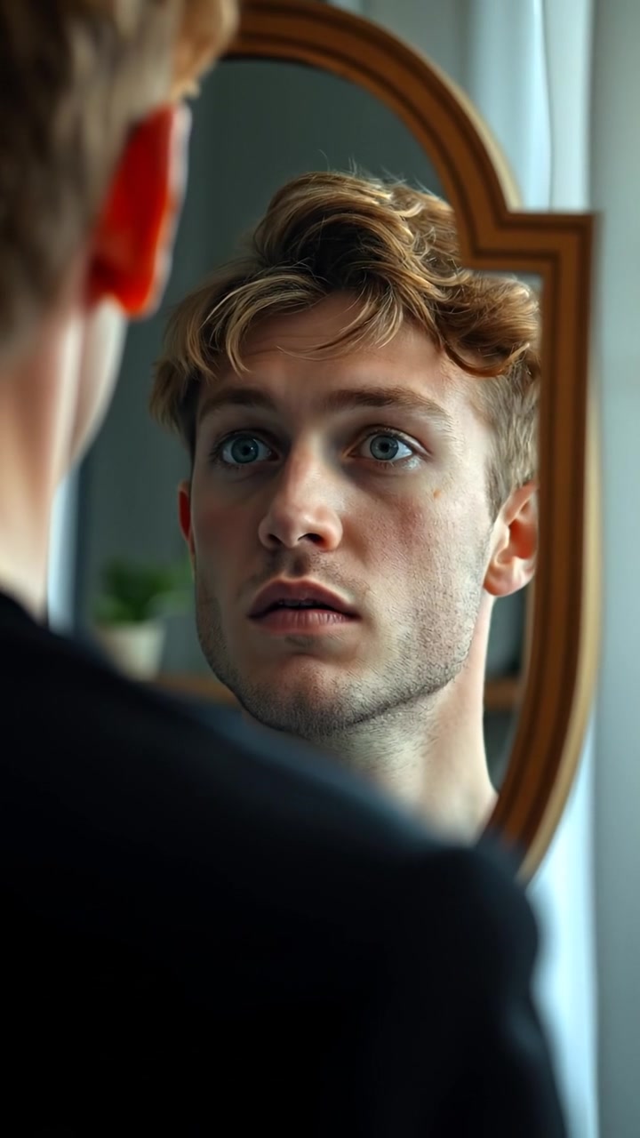 A close-up of a mysterious mirror, in photorealistic style, reflects the image of Ryan instead of the Narrator, with soft lighting and subtle shadows enhancing the intrigue. The background is blurred to emphasize the mirror's reflective surface, captured with a smooth camera zoom. The audio features ambient, haunting music.