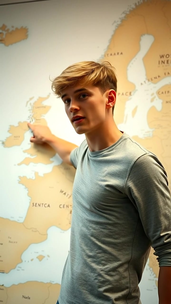 Photorealistic image of Ryan standing in front of a large, detailed map of Europe, pointing confidently at various territories he aims to conquer. Natural lighting highlights his focused expression and vibrant surroundings, with smooth camera movement capturing the scene. The background features ambient office sounds with faint city noise.
