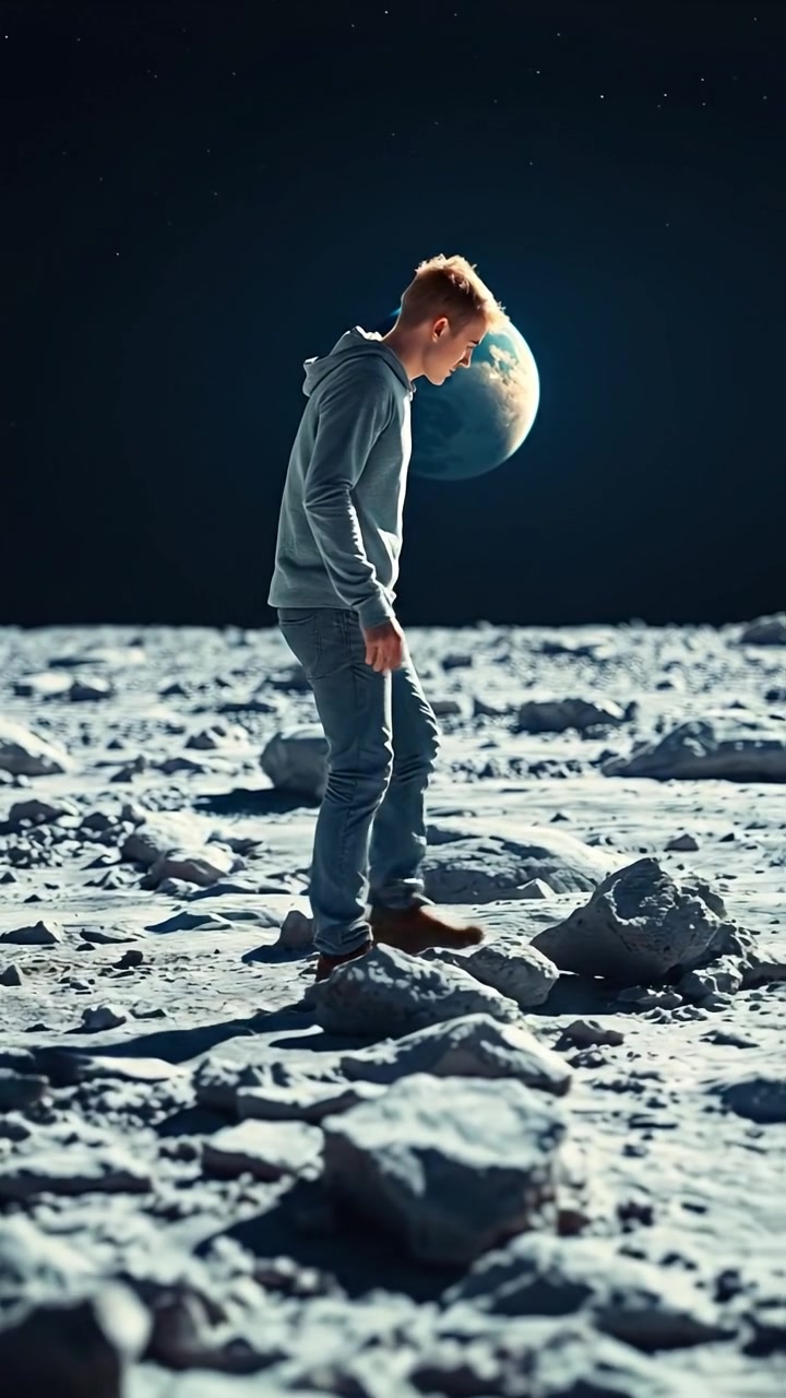 Photorealistic image of Ryan stepping onto the lunar surface under a vast, starry sky with Earth prominently visible overhead. Features include high detail, natural lighting, smooth camera glide capturing the scene’s majesty and tranquility. The background sounds of distant space ambient noise.