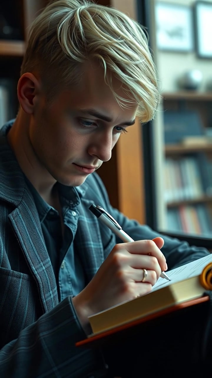 A photorealistic scene of Ryan writing in a notebook with a focused expression, captured with a smooth dolly shot under warm natural lighting, emphasizing high detail and soft shadows, with a blurred background suggesting a cozy indoor environment. The audio features subtle ambient sounds of a quiet room.