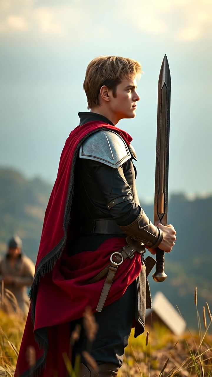 A photorealistic image of Ryan standing heroically with a sword in hand, overlooking his realm under soft natural lighting and high detail. The scene features a panoramic view with smooth camera movement, emphasizing prominence and serenity. The background audio features a gentle breeze and distant bird calls.