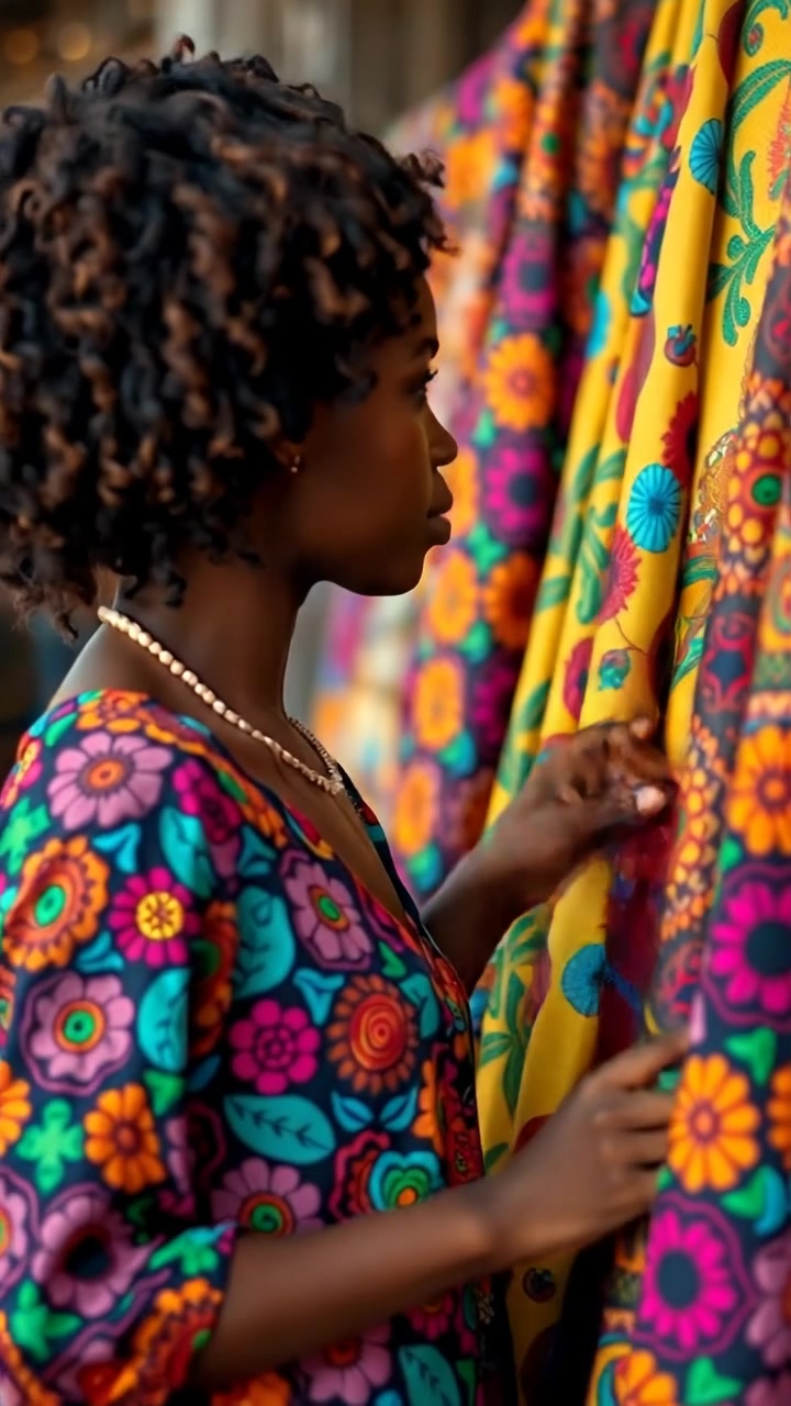 A photorealistic image of Nia browsing vibrant Ankara fabric displays at a bustling market stall, with natural lighting illuminating the colorful textiles, capturing detailed textures and lively atmosphere. Smooth camera tilt emphasizes her fascination amid the vivid surroundings. The background features ambient market sounds.