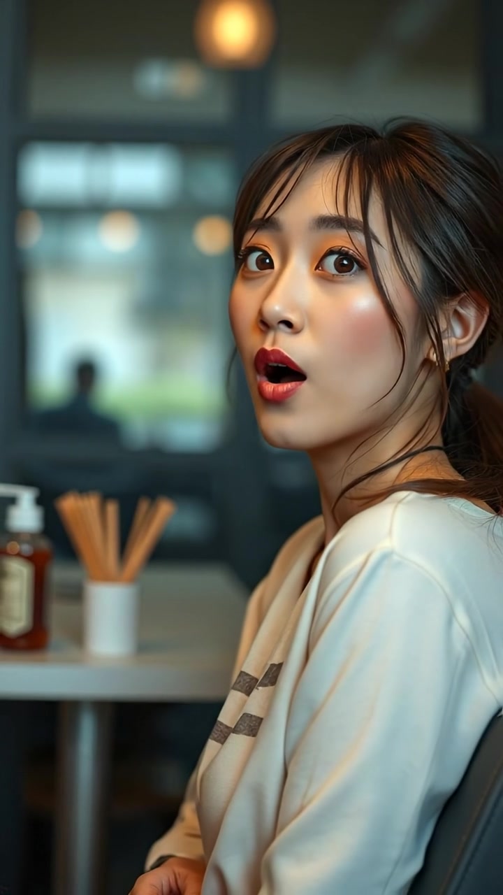 Photorealistic image of Mei looking stunned, leaning back in her chair with her mouth slightly open in surprise. Natural lighting highlights facial expressions, with smooth camera movement capturing her reaction. Soft shadows and warm tones create an inviting atmosphere. The background features a softly blurred indoor setting. The audio features gentle background music.