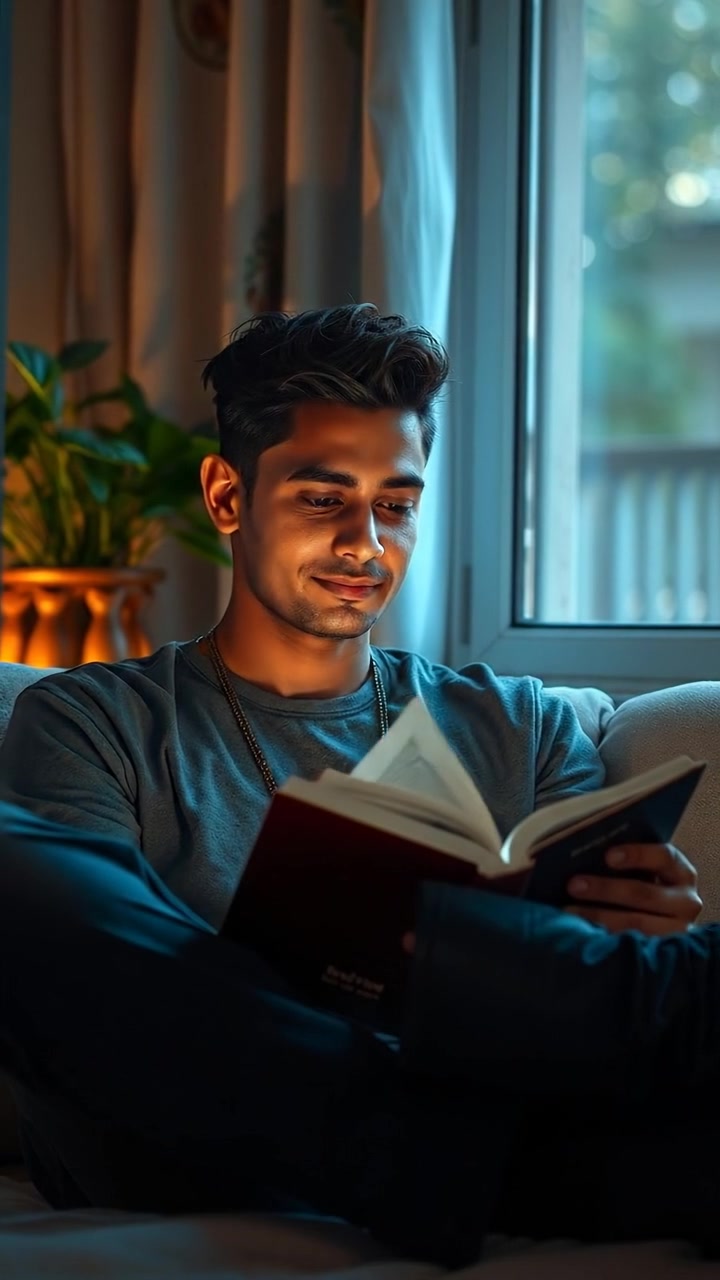 A warm, photorealistic shot of Arjun sitting comfortably in a cozy room corner reading an open book, illuminated by soft, natural lighting with gentle shadows, captured through a smooth, cinematic camera movement. The background features a plush armchair and a bookshelf. The audio features soft ambient room sounds.