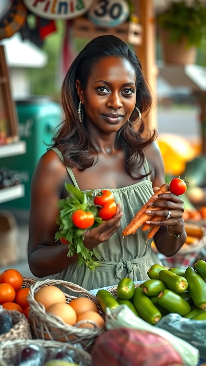 A photographic scene of Monique selling vibrant vegetables at a bustling roadside market, with colorful produce displayed in baskets and crates. Natural lighting highlights the rich textures and colors, while a gentle breeze stirs the scene. The camera captures a smooth dolly shot emphasizing the lively atmosphere. The background features ambient market sounds.