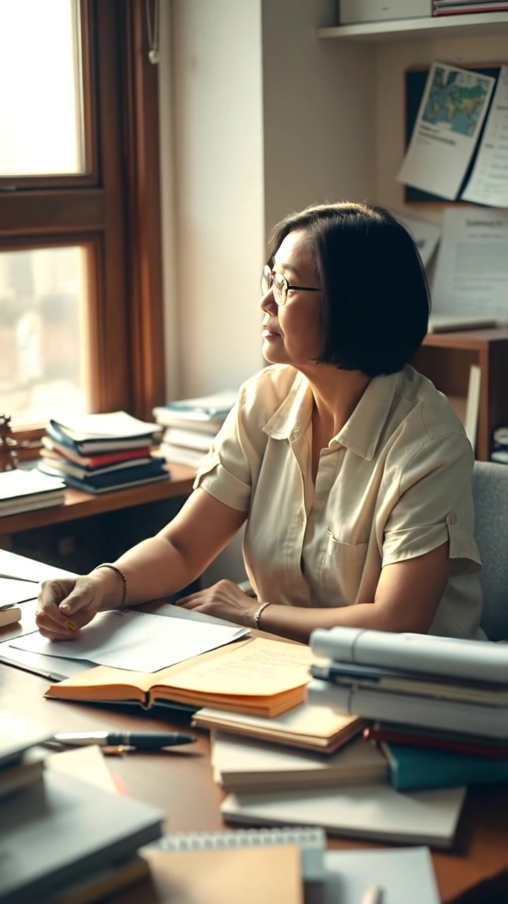 A photorealistic image of Li sitting at a cluttered desk covered with papers, gazing thoughtfully at a notepad with sunlight streaming through a window nearby, natural warm lighting, high detail, smooth camera focus, cinematic ambiance. The background features gentle rays of sunlight and a cozy indoor setting, with soft background sounds of morning birds chirping.