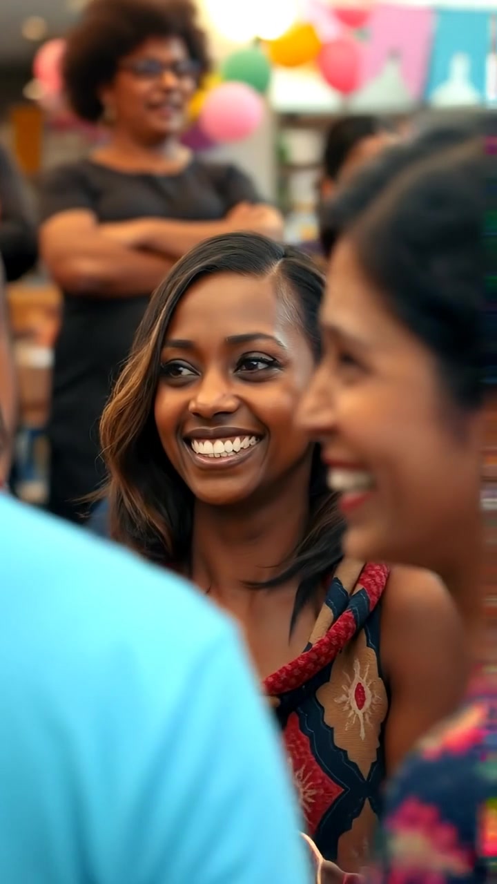 Photorealistic image of Monique smiling warmly amidst a lively community gathering, surrounded by diverse members engaging in joyful interaction under natural lighting, with high detail and smooth camera motion capturing the vibrant atmosphere. The background features colorful decorations and bustling activity. The audio features cheerful ambient sounds of chatter and laughter.