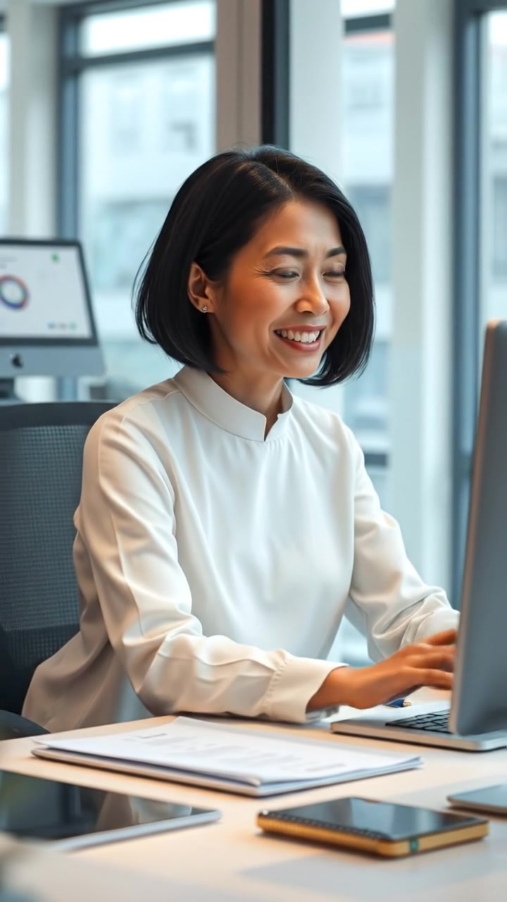 A photorealistic image of Li smiling while sitting at her modern desk, engaging with the computer, illuminated by natural light with detailed textures. The scene features smooth camera movement across the workspace, warm tones, and soft shadows, capturing a professional yet cozy atmosphere. The audio features gentle ambient office sounds.