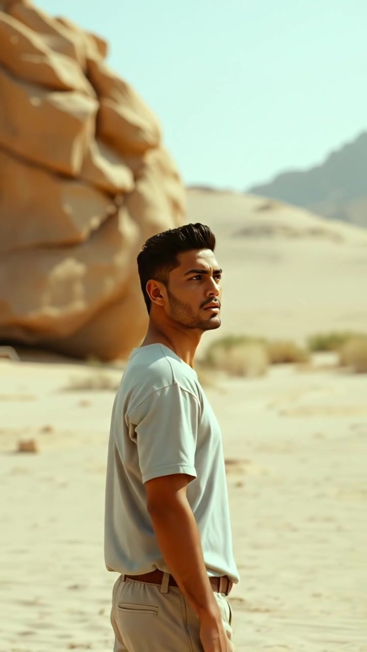 A photographic image of Amir standing near a large rock in a vast desert landscape, looking apprehensive. Natural warm sunlight casts soft shadows, with high detail and smooth camera movement capturing a wide-angle shot. The background features distant dunes and a clear blue sky. The audio features subtle desert wind sounds.
