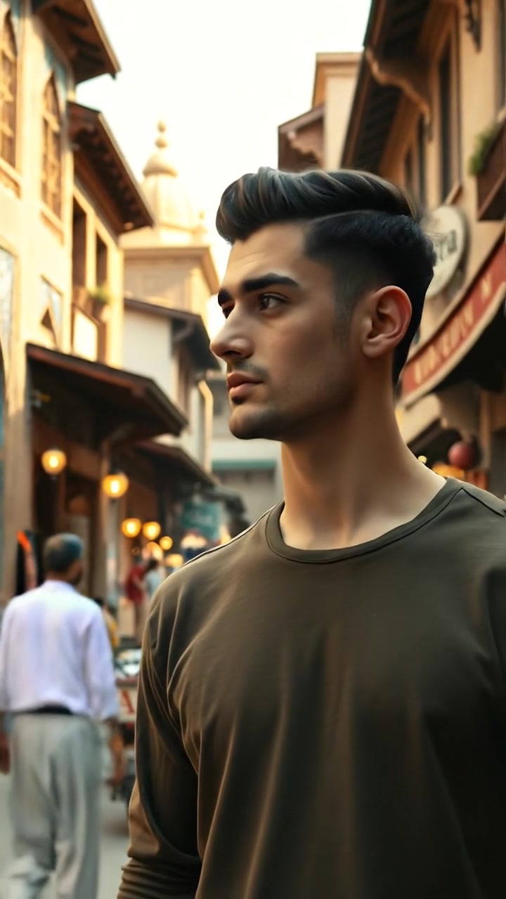A photorealistic image of Amir strolling through a picturesque Persian town with traditional architecture and bustling marketplace. Warm sunlight bathes the scene, highlighting intricate tileworks and vibrant textiles. Smooth camera sweep captures the lively atmosphere. The background features ambient sounds of market chatter and distant calls.