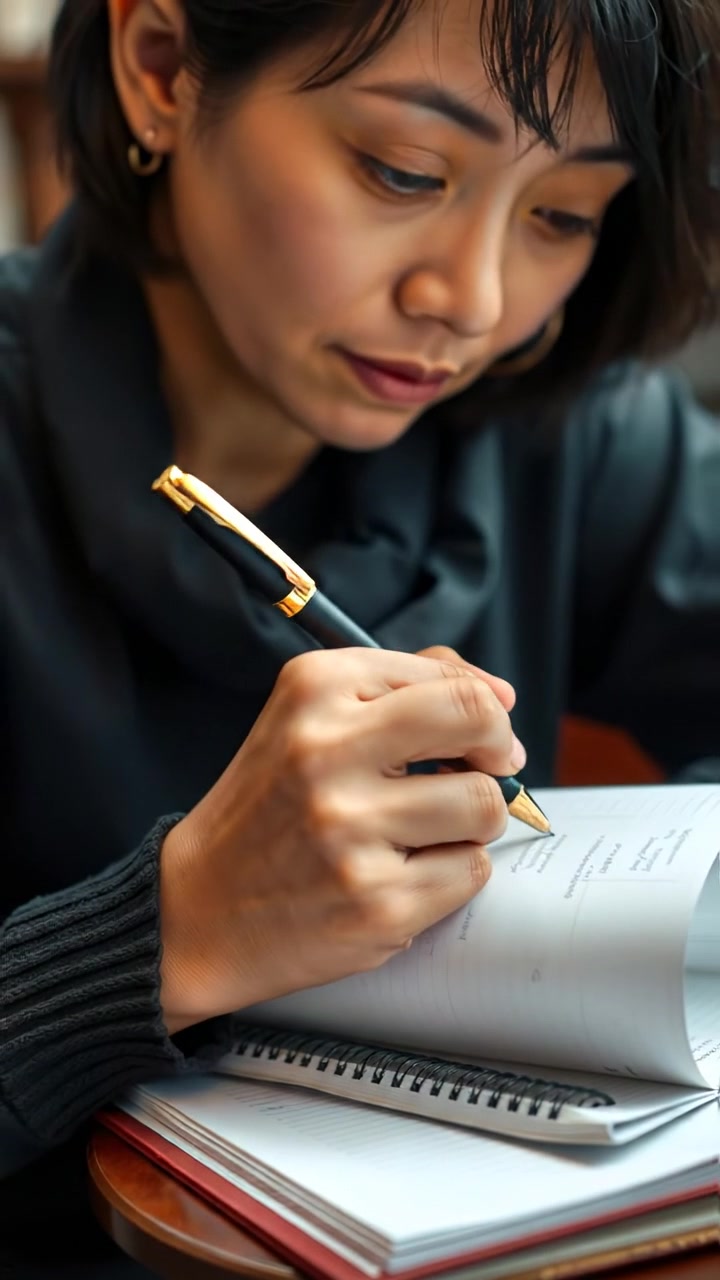 Close-up of Li's hands holding a pen, actively writing in a notebook with a focused, determined expression. Natural lighting highlights fine details, soft shadows add depth, and a smooth camera movement follows her hand. Photorealistic style. The background features a softly blurred workspace ambient. The audio features gentle desk sounds.