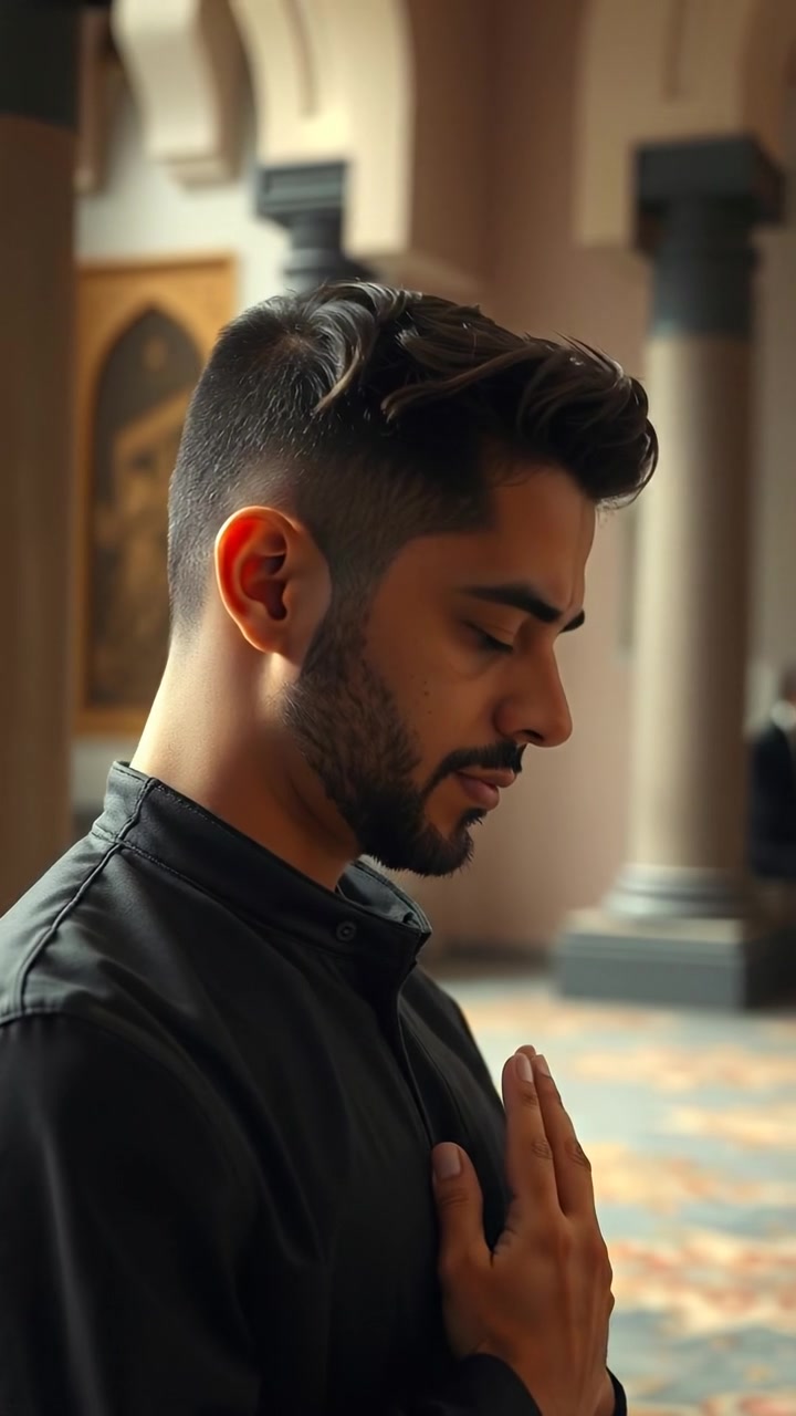 Photorealistic image of Amir bowing his head in prayer, illuminated by soft natural lighting, with high detail and gentle shadows, captured in a smooth camera dolly shot. The background features a serene, peaceful setting with subtle textures. The audio features gentle ambient sounds of a tranquil environment.