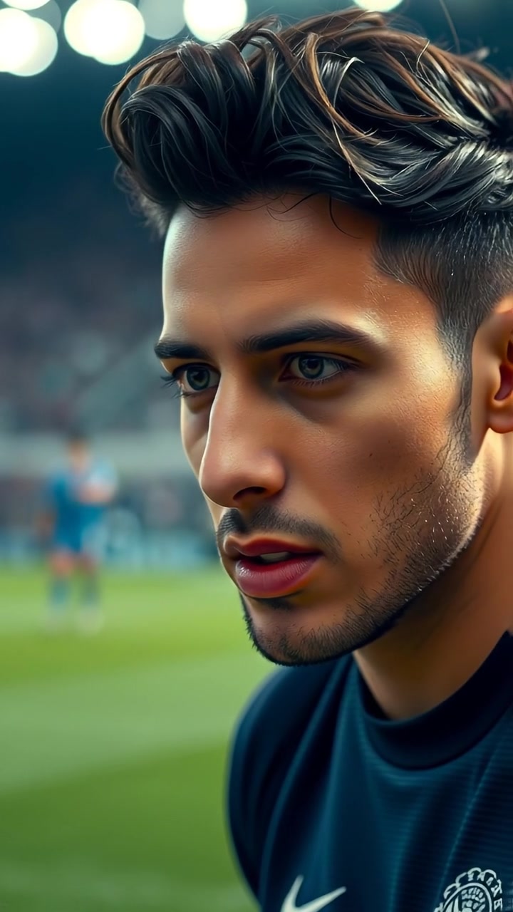 Photorealistic close-up of Amir preparing for a corner kick, intense and determined expression, natural lighting highlighting facial details, slow zoom in with smooth camera movement, soft shadows emphasizing focus, background of a vibrant football field, the audio features ambient stadium sounds in the background.