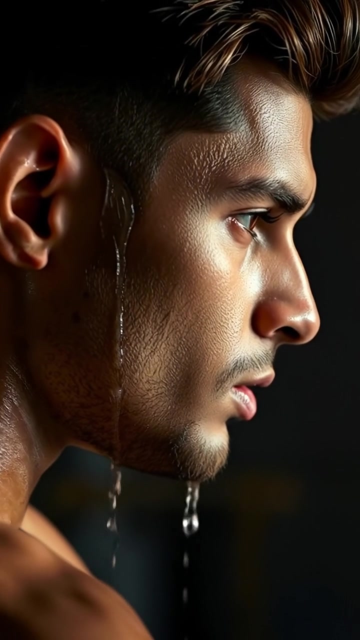 A close-up of Amir during intense training, sweat dripping down his face, cinematic photographic style with natural lighting, high detail, smooth camera focus emphasizing texture and emotion, background faintly blurred, conveying raw determination; the audio features motivational ambient sounds.