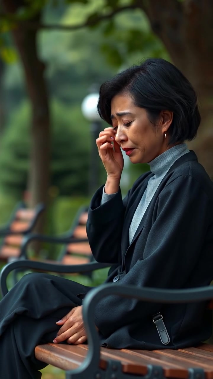 A photorealistic image of Li sitting quietly on a park bench surrounded by lush greenery, tears streaming down her face, captured with soft natural lighting and gentle depth of field. The scene features smooth camera motion with warm tones and subtle shadows, evoking a poignant, serene atmosphere. The audio features gentle ambient sounds of nature.