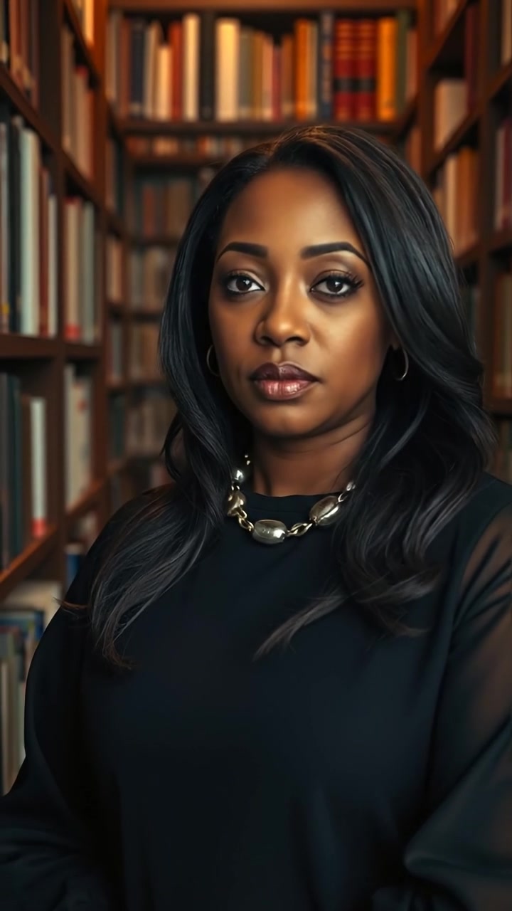 A photographic portrait of Monique standing in a library filled with books, her expression thoughtful. Soft natural lighting bathes the scene, highlighting high detail textures of the books and her contemplative face. Smooth camera movement with a slight zoom, capturing the quiet academic atmosphere. The audio features the gentle rustling of pages.