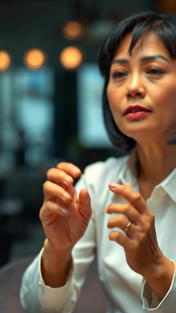 Close-up of Li's hands in a photographic style, highlighting expressive gestures as he emphasizes a point, with soft natural lighting and a shallow depth of field that blurs the background. The scene captures a moment of focused intensity, with smooth camera motion. Background sounds of gentle ambient noise.