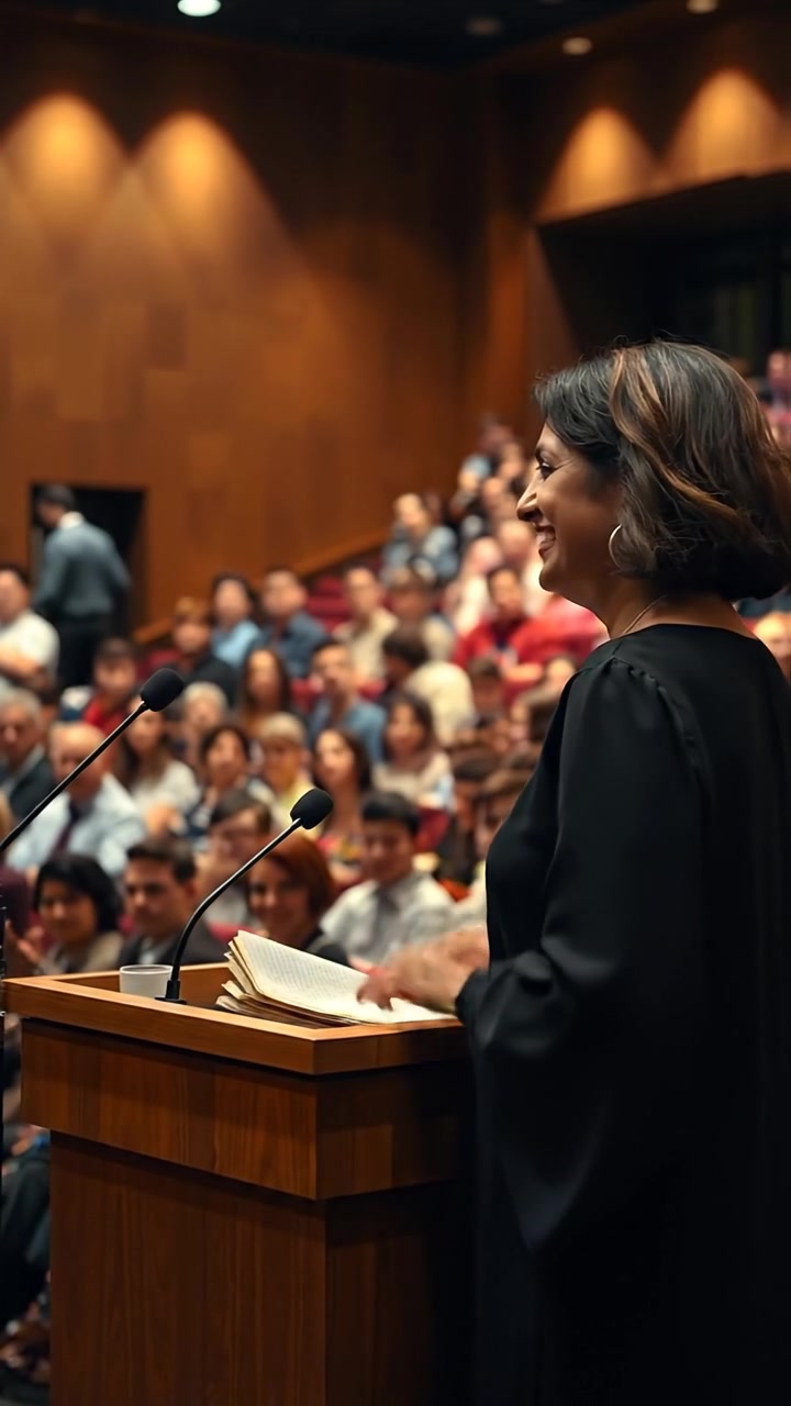 A photographic image of Asha standing at a podium in a large auditorium filled with students, warmly welcoming them. Natural lighting bathes the scene, highlighting high detail and smooth camera movement that captures the expansive, lively atmosphere. The background audio features soft murmurs of conversation and ambient auditorium sounds.
