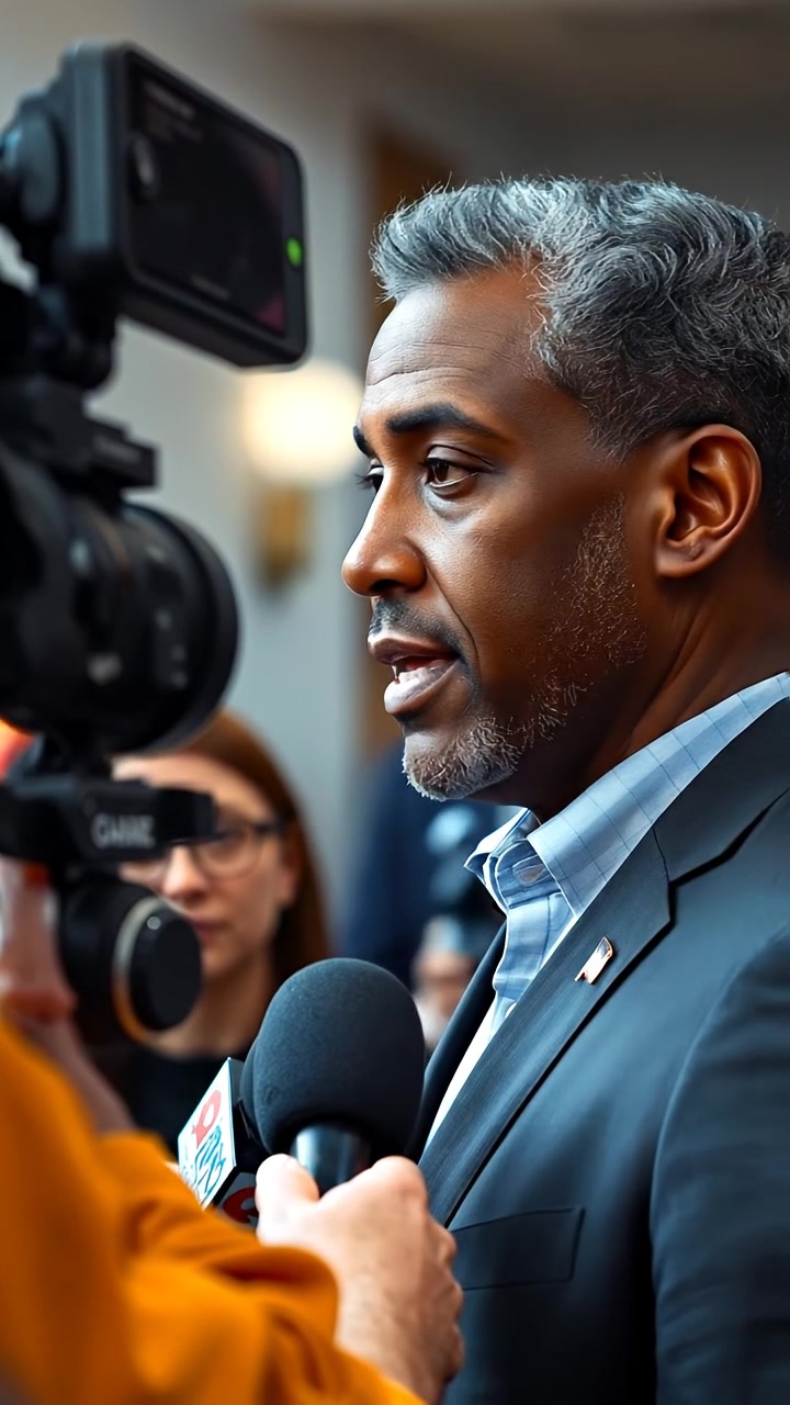 A photorealistic image of Kwame standing confidently in front of a camera, delivering a statement to an attentive group of reporters, captured with natural lighting and high detail. Smooth camera movement highlights his expressions, with a professional setting and a bustling press background. The audio features ambient city noise.