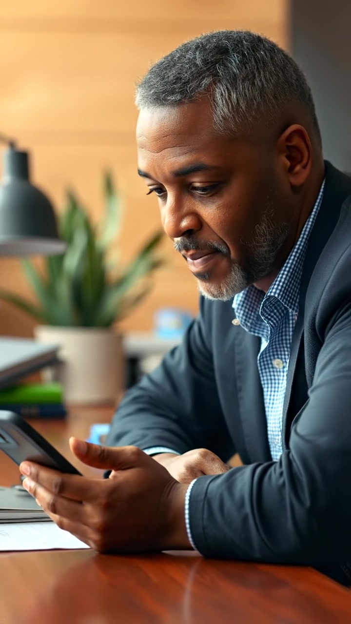 Photorealistic image of Kwame sitting at a desk, leaning forward slightly as he offers advice to a smartphone, bathed in natural, soft lighting with high detail, capturing a warm, focused atmosphere. The background features a modern office setting with a calm ambiance. The audio features gentle office background sounds.