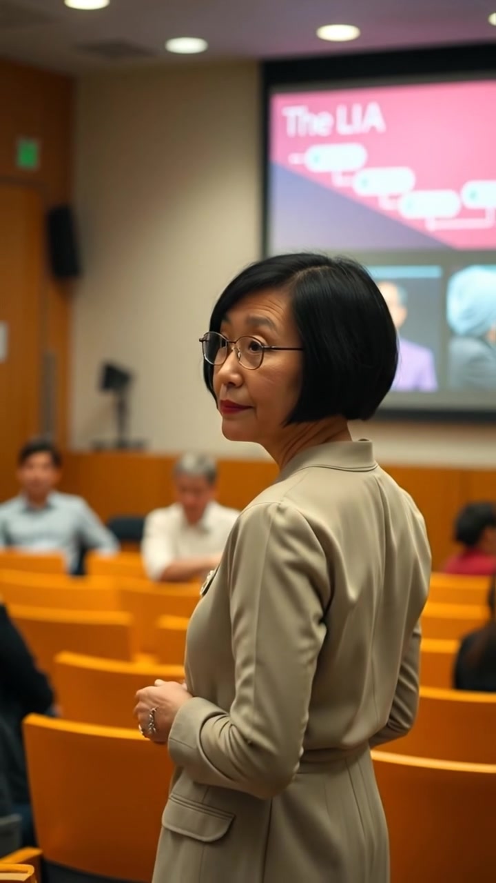 A photographic image of Li standing confidently in a lecture hall, facing attentive students. A projector displays slides in the background, illuminated by natural lighting with a warm tone. Smooth camera movement captures the scene from a slight angle. The background audio features subtle classroom ambiance.