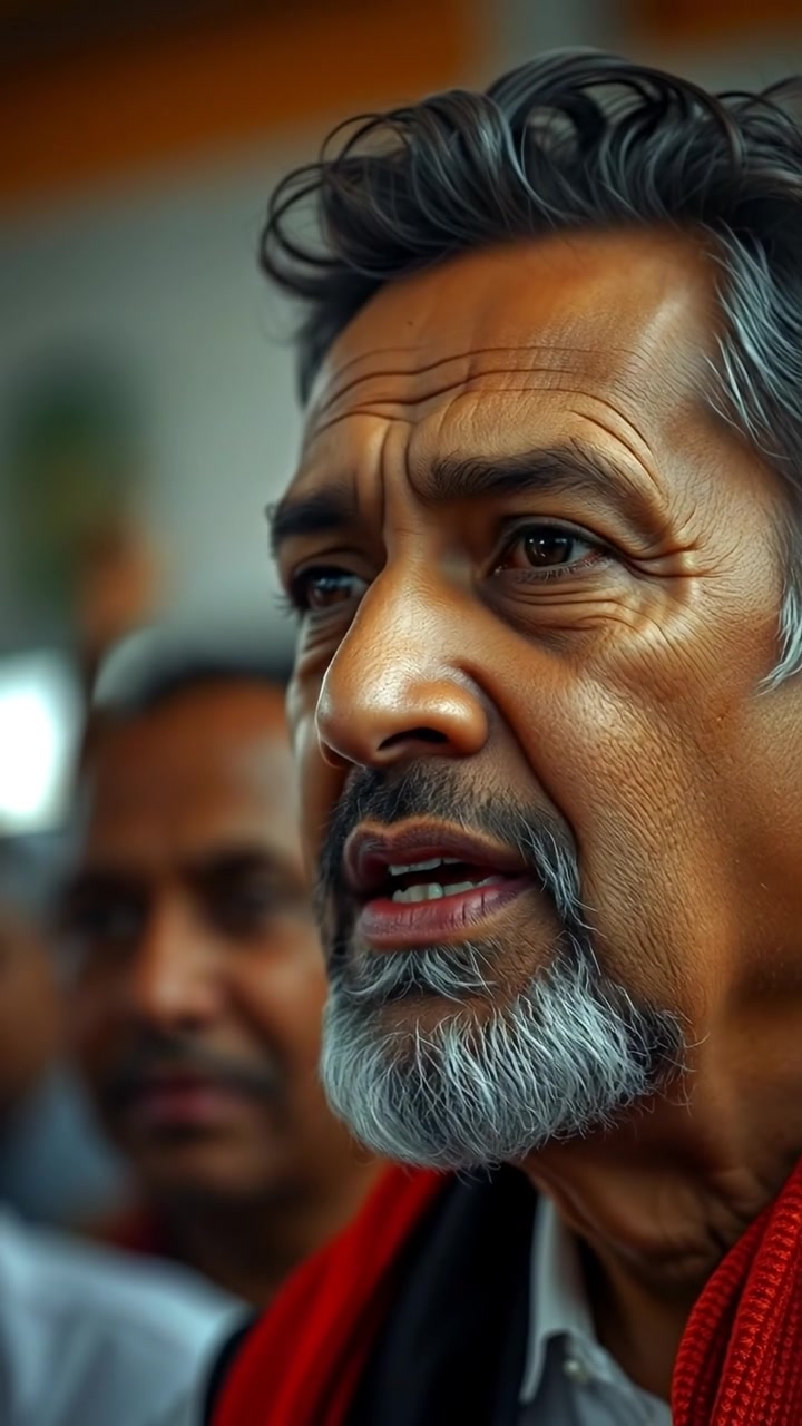 Close-up of Raj's determined expression, addressing supporters in a dynamic photographic style, natural lighting highlighting facial details, smooth camera focus, conveying passion and leadership with a subtle background blur. The scene is vibrant and engaging. The audio features subtle background crowd noise.