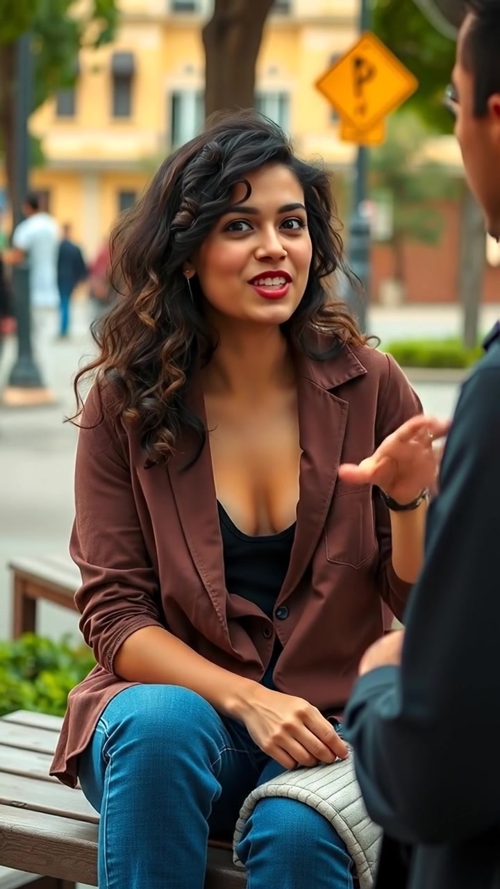 Photorealistic image of Maya sitting on a park bench, animatedly talking and gesturing with her hands to her friends, under warm natural sunlight, with soft shadows and a lively outdoor setting. The scene features high detail and smooth camera motion, capturing a joyful conversation. The audio features ambient park sounds.