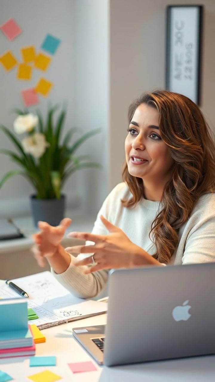 Photorealistic image of Maya animatedly gesturing while sitting at her desk surrounded by a laptop and colorful notes. Natural lighting highlights her expressive face, with a smooth camera pan capturing the lively scene. Warm tones create an inviting atmosphere. The audio features soft ambient office sounds.