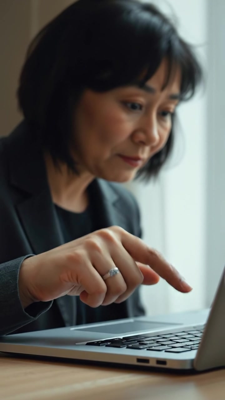 A close-up of Li's hand touching a laptop screen in a realistic photographic style, detailed with natural lighting and soft shadows, capturing smooth camera focus on hand movements. The background features a softly blurred modern workspace. The audio features gentle keyboard typing sounds.
