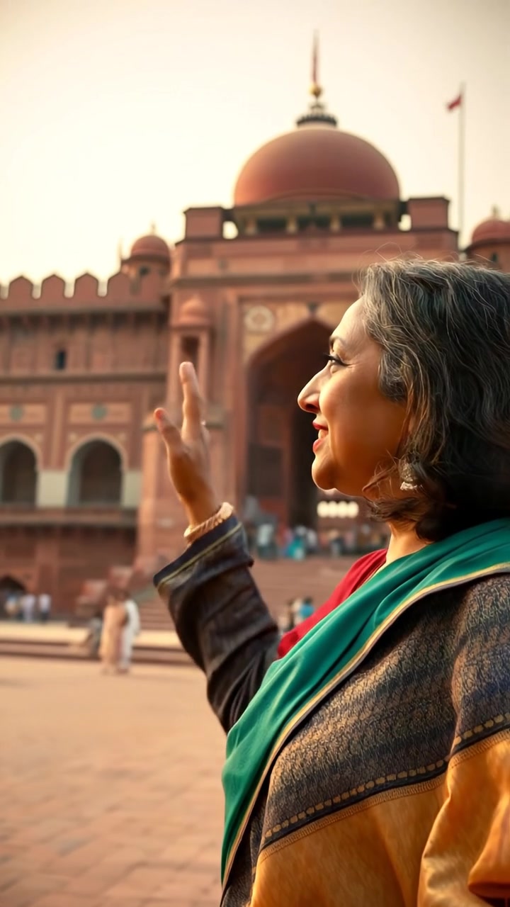 A photograph of Asha speaking enthusiastically in front of the Red Fort, gesturing towards the entrance. The scene is bathed in warm natural lighting, with high detail capturing her expressive gestures and the historic fortress behind her. Smooth camera movement enhances the lively atmosphere. The audio features ambient city sounds in the background.