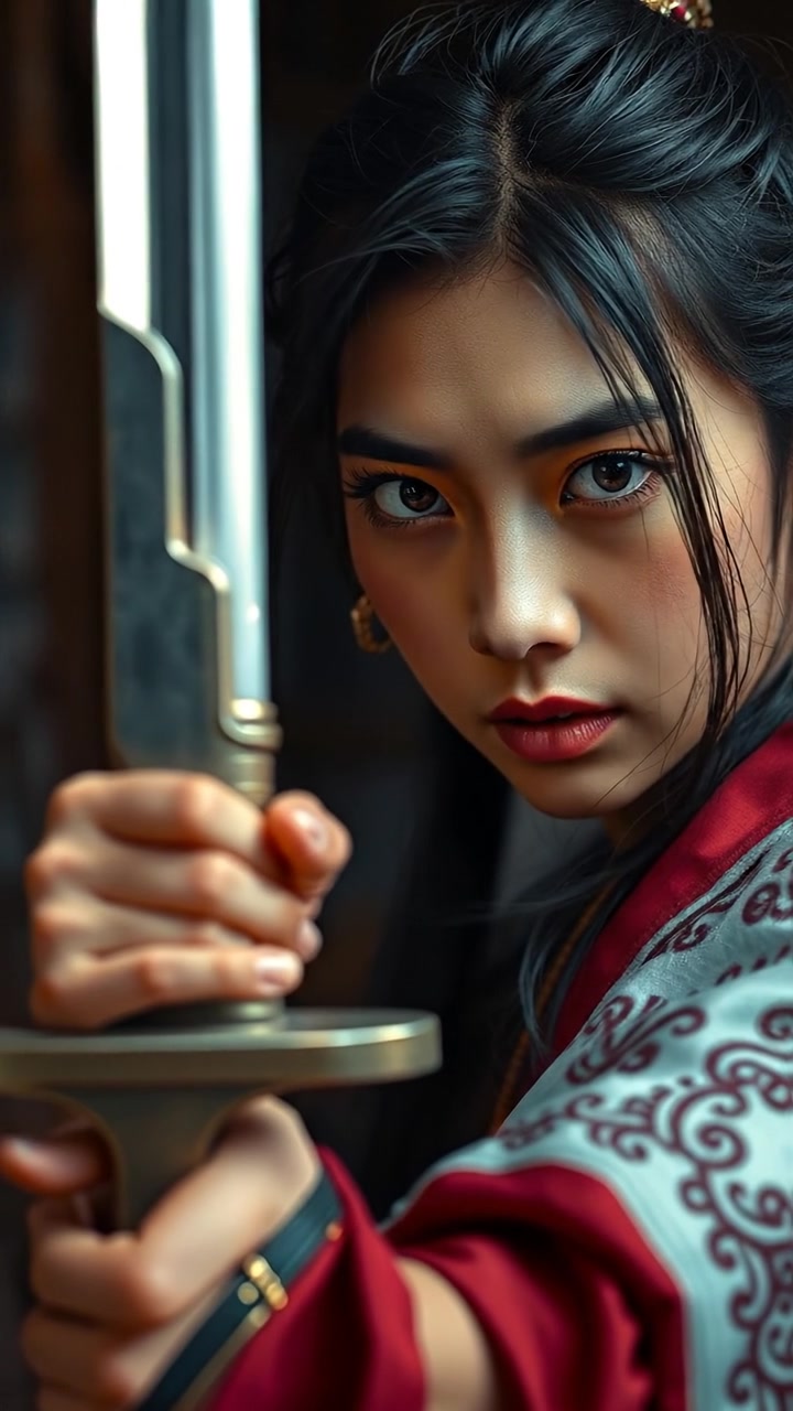 A photographic portrait of रानी मोहिनी with a determined expression, holding a sword firmly, bathed in warm natural light. The scene features high detail and smooth camera focus, emphasizing her intense gaze and traditional attire. The background has soft shadows, creating a cinematic feel. The audio features subtle wind sounds.
