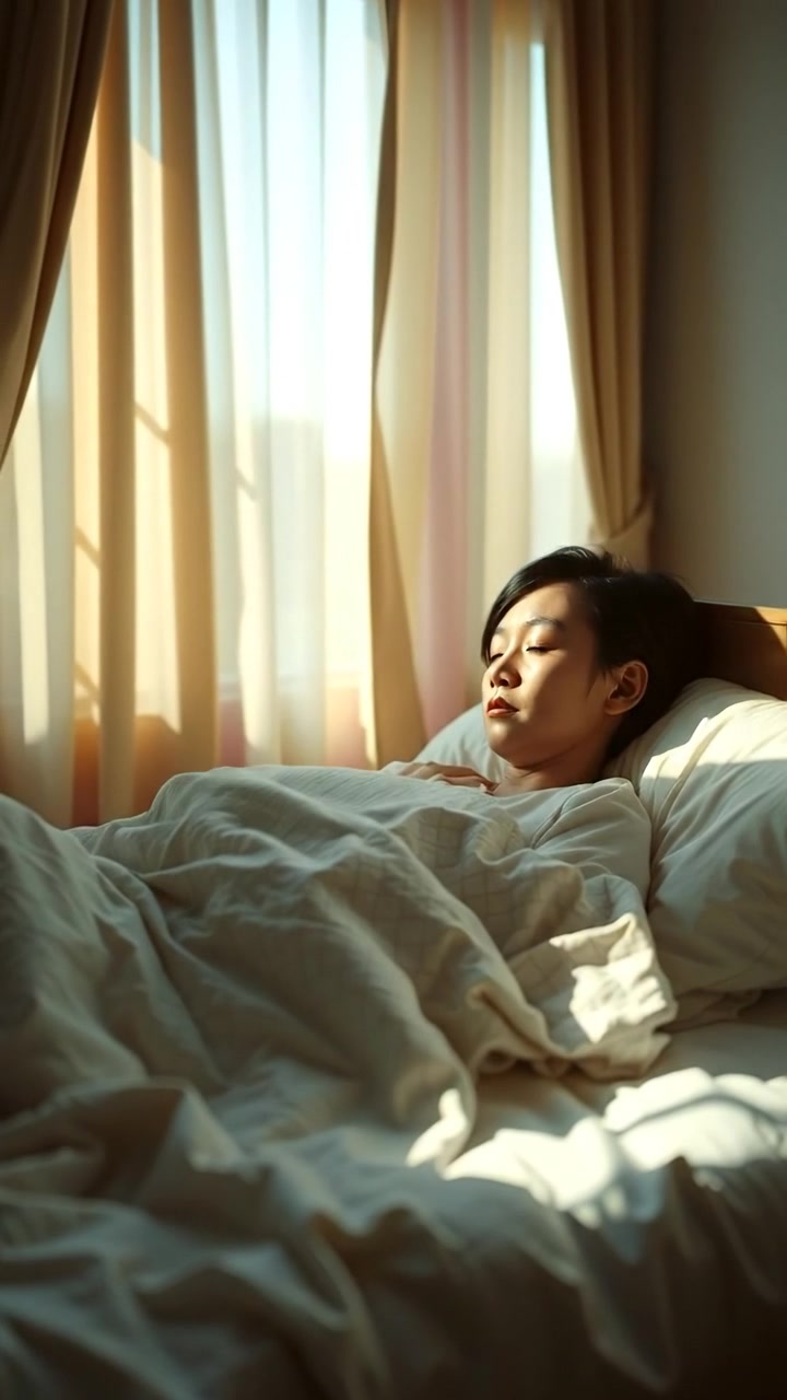 Photorealistic image of a cozy bedroom in the morning, warm sunlight streaming through semi-transparent curtains, illuminating Li peacefully sleeping in bed with soft bedding. Natural lighting, high detail, smooth gentle camera movement, creating a tranquil atmosphere. The background features faint sunrise hues. The audio features gentle morning bird chirping.