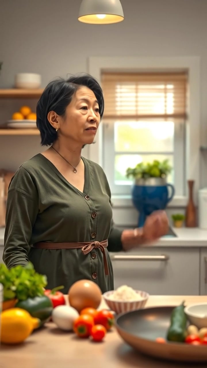 A photographic image of Li standing in a bright, modern kitchen, passionately shouting from the counter surrounded by scattered ingredients. Natural lighting, high detail, smooth camera movement, soft shadows creating a lively atmosphere. The background features a cozy, well-lit space with appliances. The audio features lively kitchen sounds.