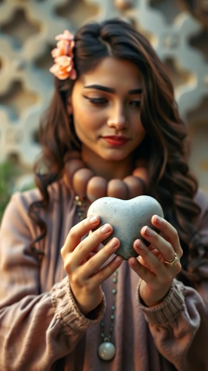 A photorealistic image of Maya gently holding a heart-shaped stone in her hands, captured with soft focus and natural lighting. The scene has a warm, tranquil ambiance with smooth camera movement emphasizing tenderness. The background features a softly blurred, lush natural environment. The audio features gentle ambient sounds of nature.