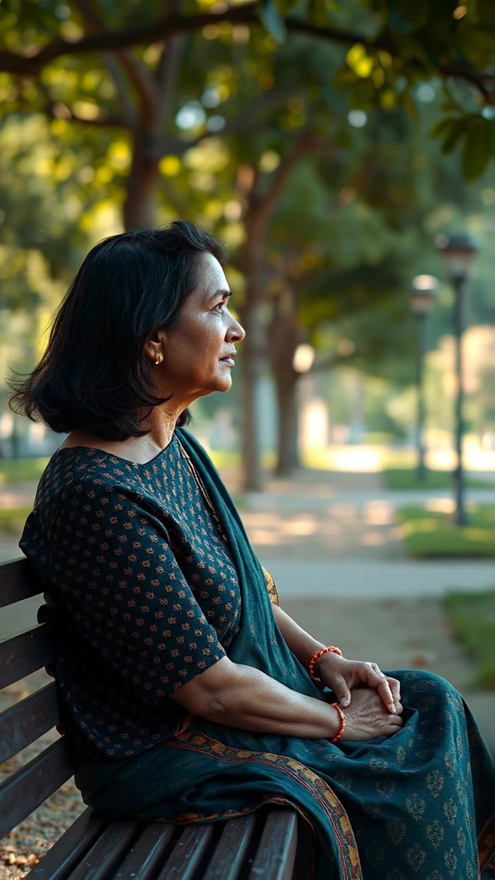 Photorealistic scene of Asha sitting alone on a park bench, gazing peacefully at lush green trees under soft natural lighting, with gentle camera movement capturing a serene, quiet atmosphere. The background features a tranquil park setting with detailed foliage. The audio features gentle rustling leaves.