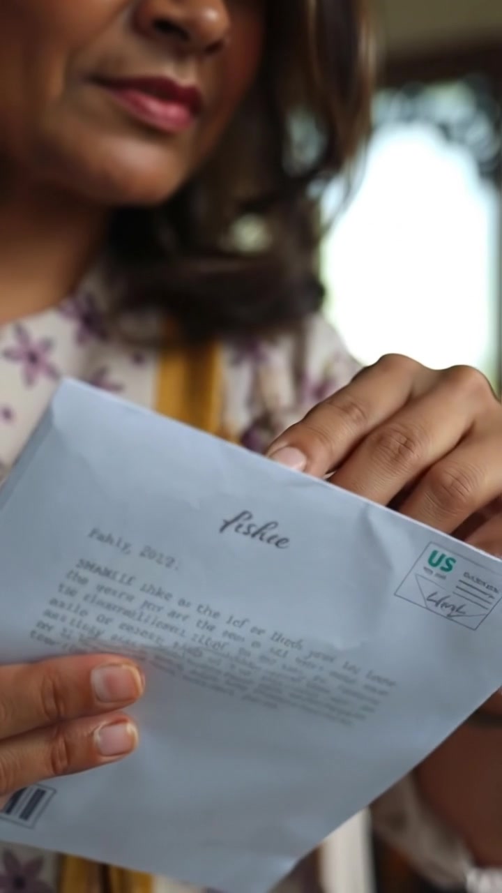 Close-up of Asha's hands delicately holding a letter with a gentle tremor, captured in natural soft lighting with high detail. Smooth camera zoom emphasizing the emotion, set against a blurred backdrop that hints at a quiet, intimate moment. The background audio features soft ambient sounds of a serene room.