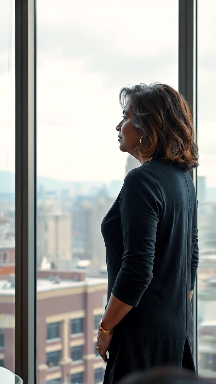 Asha, in a photorealistic style, standing in front of a large window overlooking the city skyline with soft natural lighting and high detail. The camera performs a gentle dolly shot, capturing her contemplative expression and the expansive urban view beyond. The background features ambient mountain tones with subtle reflections on the glass. The audio features cityscape sounds with distant traffic and gentle breezes.