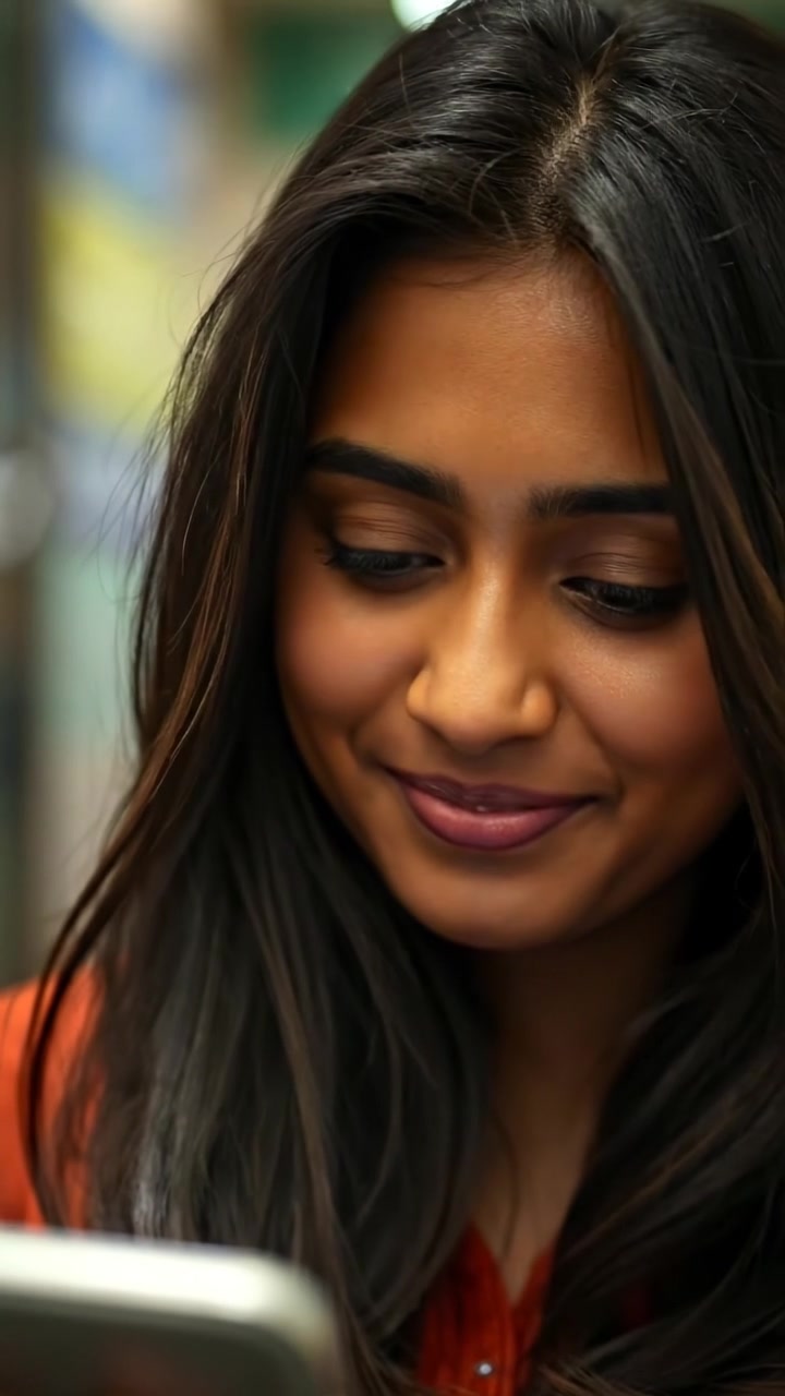 A photographic style image of Priya smiling softly while looking at her phone, with a subtle expression of hope in her eyes. Natural lighting illuminates her face, and the scene features a smooth camera zoom-in with warm tones and soft shadows. The background features a cozy indoor setting. The audio features gentle ambient sounds.
