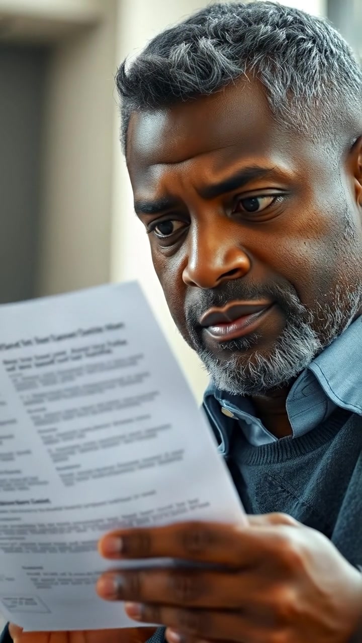 A close-up of Kwame examining a document, capturing detailed expressions and hands in sharp focus. Natural lighting highlights facial features and textures, with a smooth camera dolly shot emphasizing intensity. The style is photorealistic, set against a softly blurred background. The audio features gentle ambient office sounds.