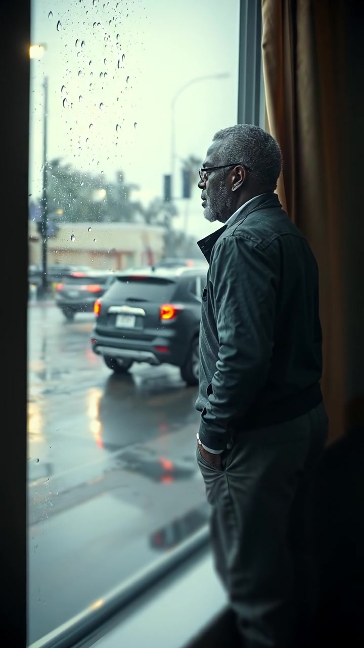 A photorealistic image of Kwame gazing out a rain-streaked window onto a wet street, embodying a despondent and contemplative mood. Soft natural lighting with subtle reflections, smooth camera focus, and a quiet, reflective atmosphere. The background features gentle rain sounds and distant city ambience.
