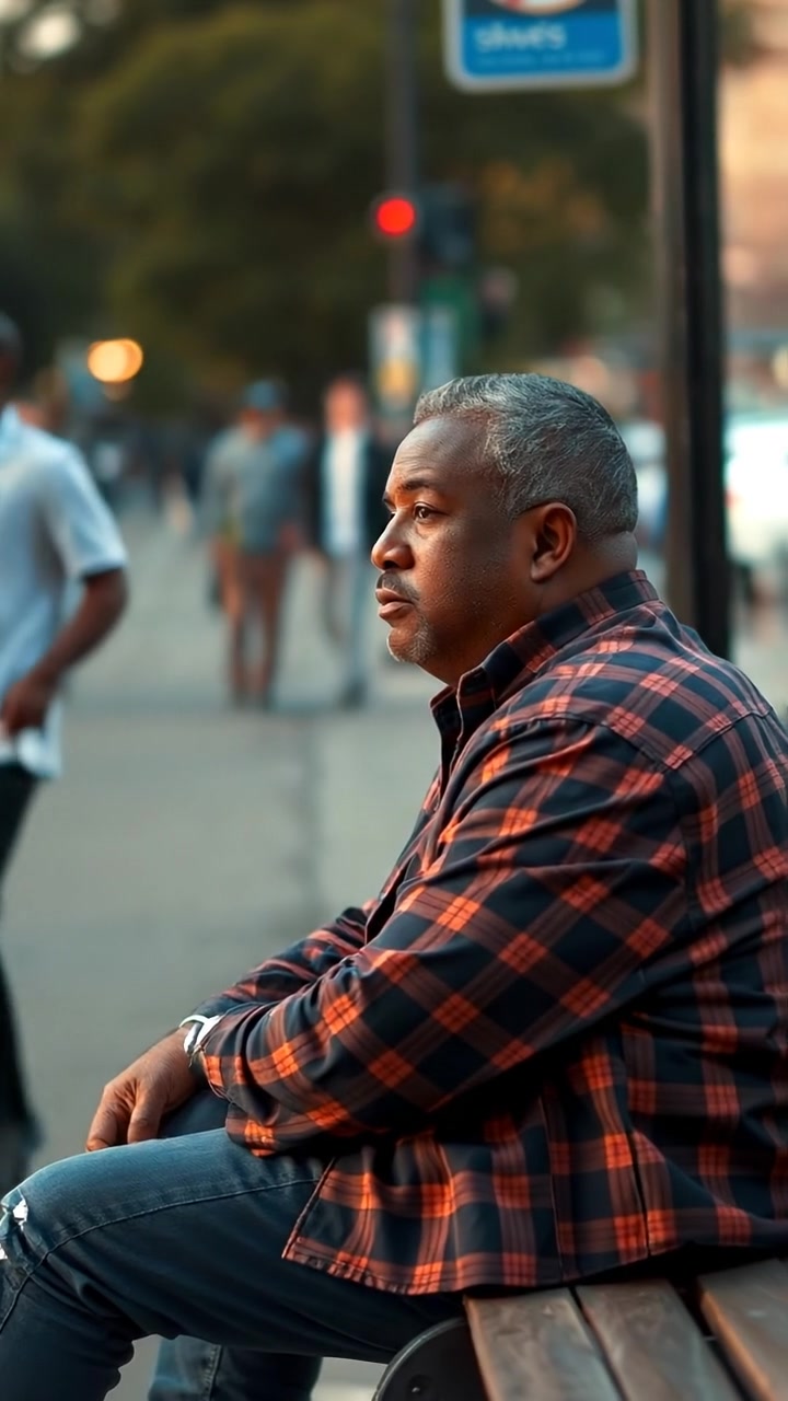 A contemplative man named Kwame sitting on a park bench, observing passing pedestrians in a busy urban setting. Natural lighting casts soft shadows, high detail, smooth camera movement capturing the serene moment in a photorealistic style. The background features bustling city life, with the sounds of distant chatter and street noise.
