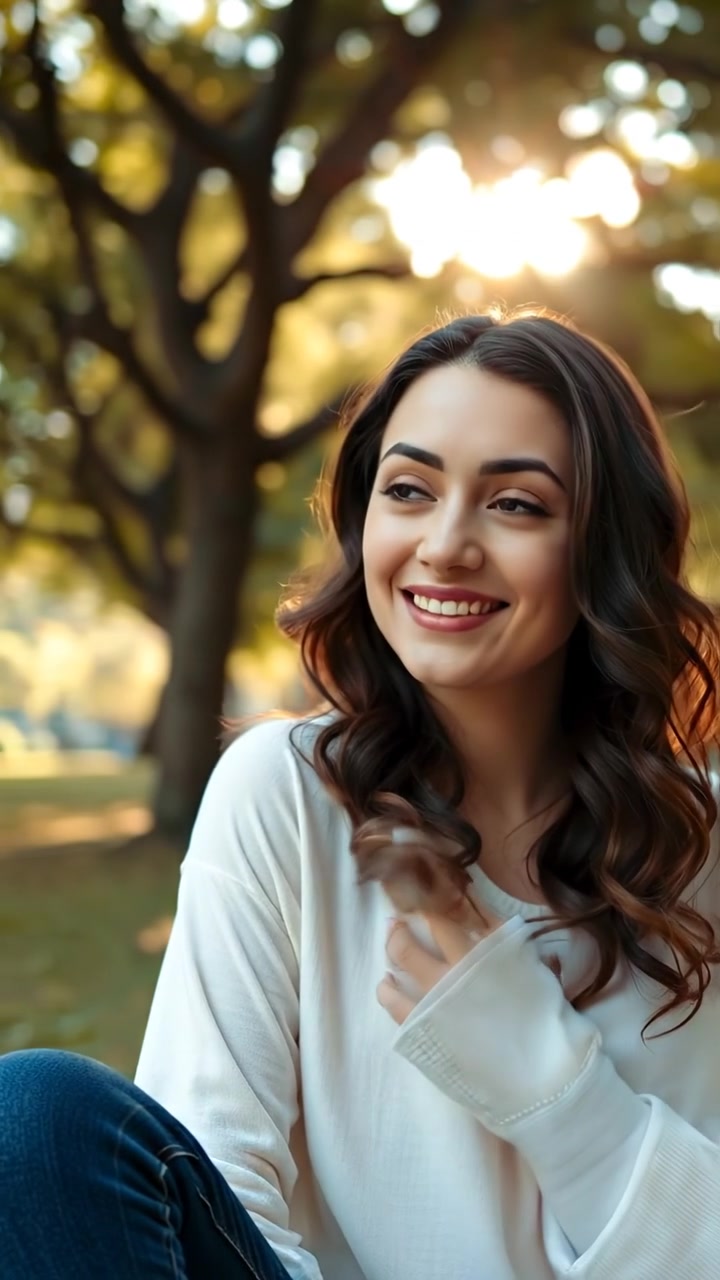A close-up of Maya sitting with a relaxed smile in a park, sunlight filtering through trees, natural lighting, high detail, soft shadows, gentle breeze visible through her hair. The background is lush greenery with dappled sunlight. The image is photorealistic with smooth camera movement. The audio features gentle forest sounds.